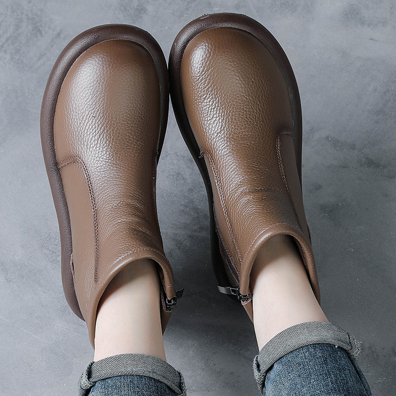 Women's Cowhide Real Wool Low Martin Vintage Genuine Short Round Toe Women's Shoes