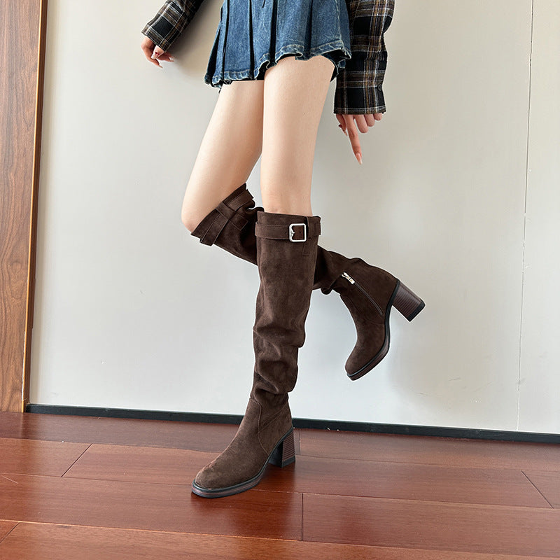 Women's Pile Style For V Cut Slimming Round Toe Thick High Women's Leather Boots