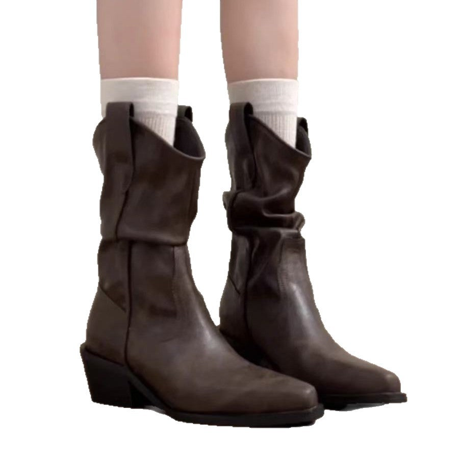 Women's Pointed Toe Chunky Booties Pile Style Western Women's Leather Boots