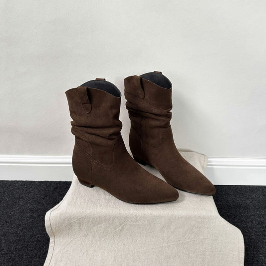 Women's Pleated Chunky V Cut With Height Of Pointed Ankle Pile Women's Leather Boots