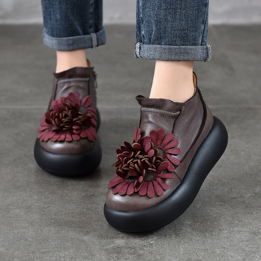 Women's Cowhide Handmade Vintage Flower Artistic Round Head Ankle Genuine Women's Leather Boots
