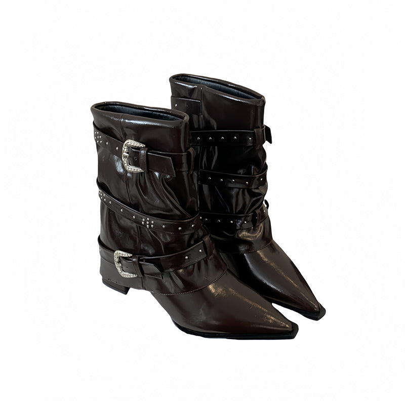 Toe Wedge Temperament Sleeve Rivet Belt Women's Leather Boots
