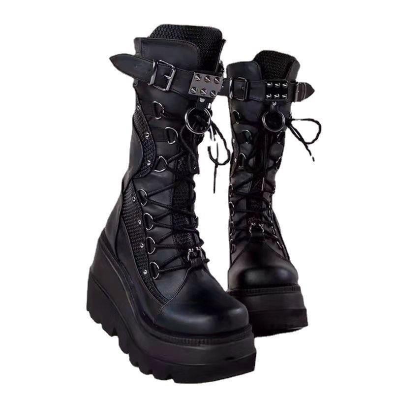 Women's Wedge Knight Plus Size Punk Handsome Platform Middle Women's Leather Boots