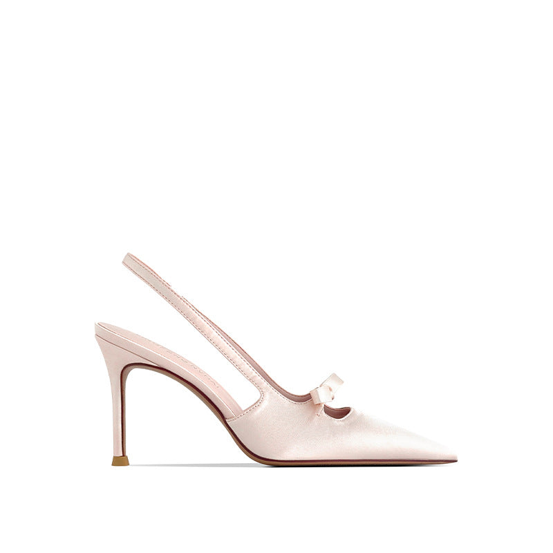 Women's Summer Pink Fairy Style Bow Niche French Satin Heels