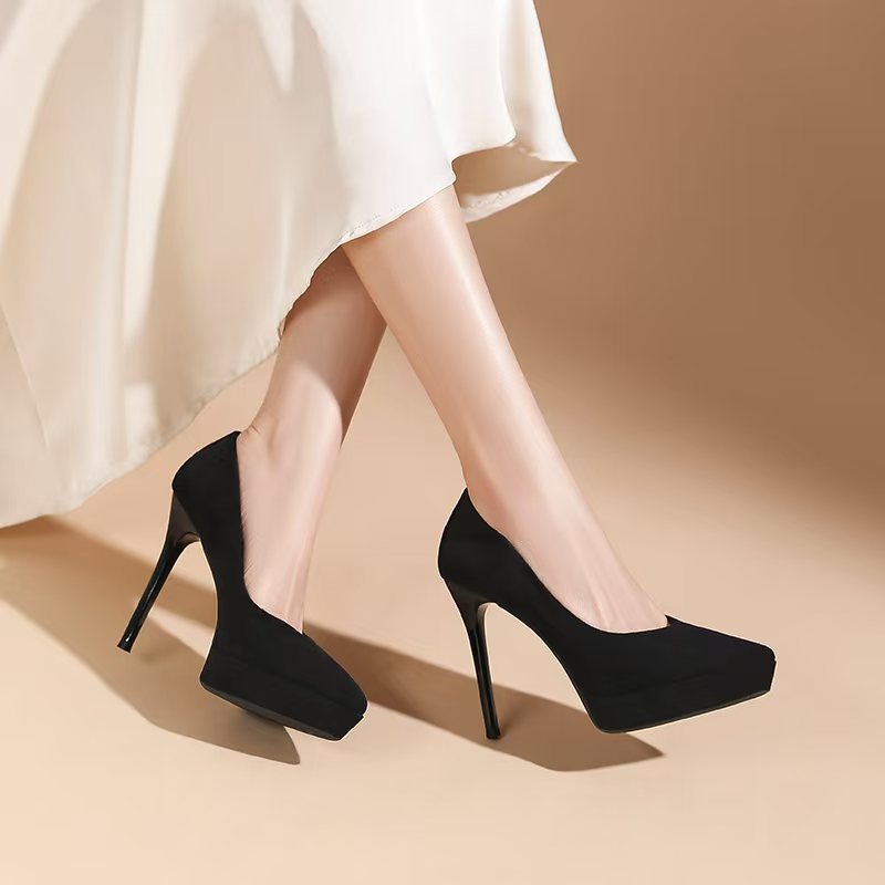 Women's Low-cut Wedding Banquet Pointed Stiletto Suede Platform Heels
