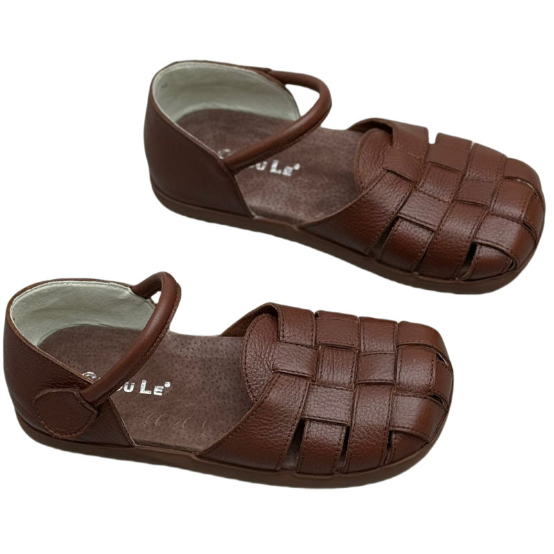 Women's Handmade Genuine Summer Woven Super Soft Bottom Surface Low Block Flat Sandals