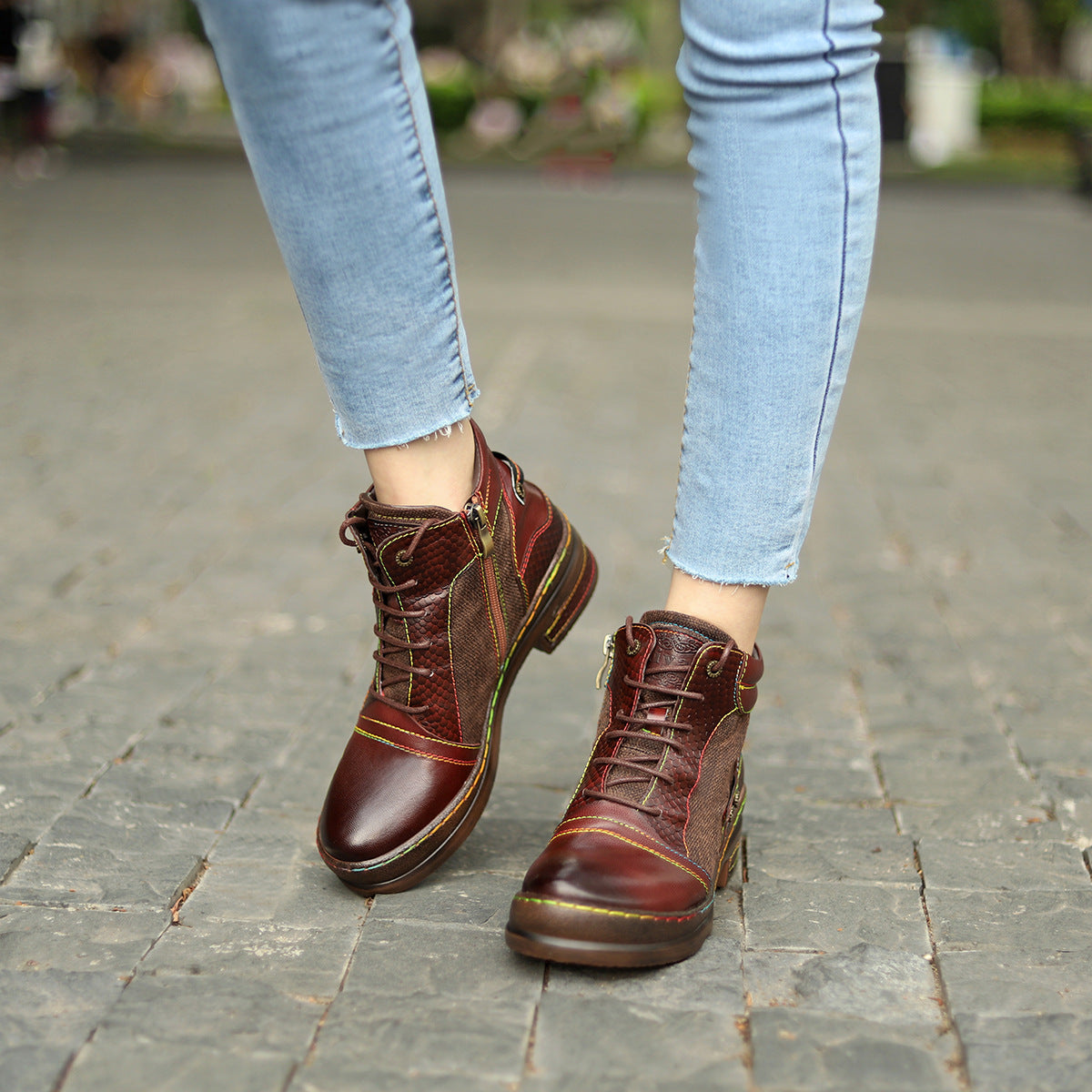 Women's Retro Textured Texture Motorcycle Chunky Women's Leather Boots
