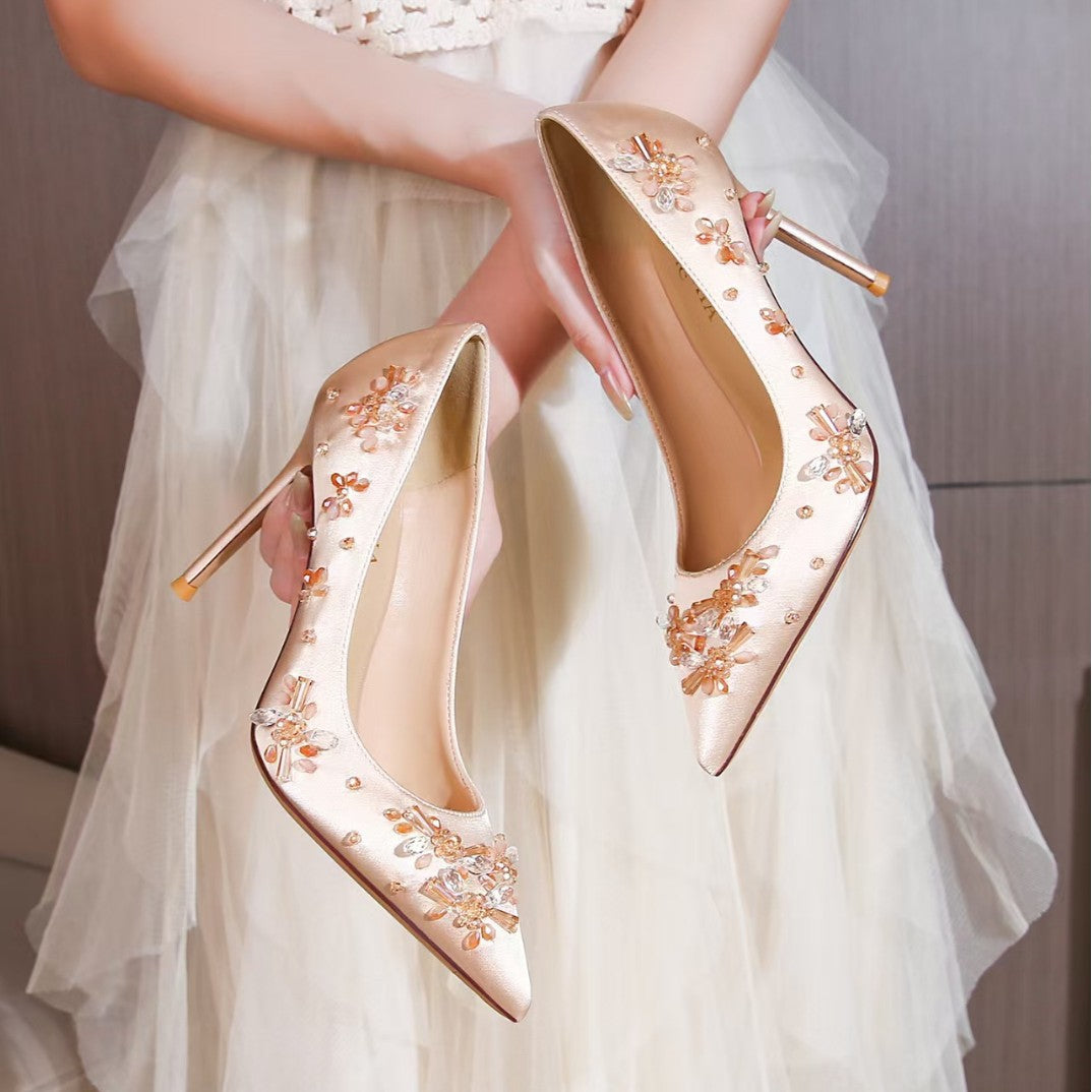 Satin Rhinestone Stiletto High Not Tired Feet Bridal Wedding Female Women's Fashion Shoes