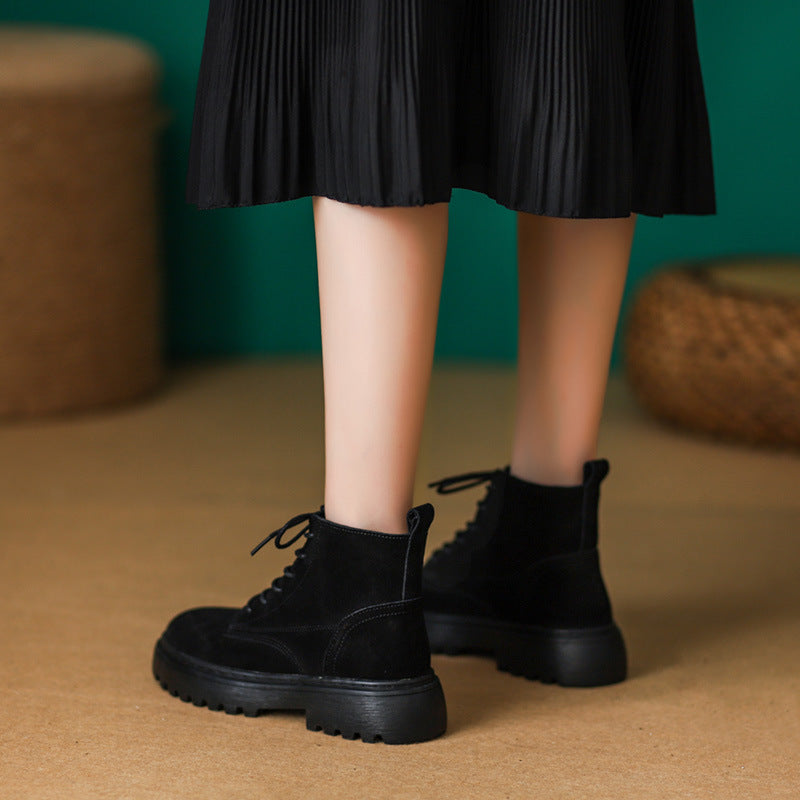 Women's Frosted Genuine British Style Mid Martin Flat Women's Leather Boots
