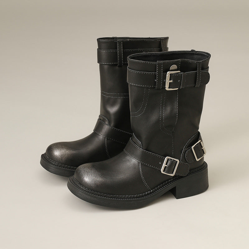 Women's Niche Retro Round Head Chunky For Buckle Heels