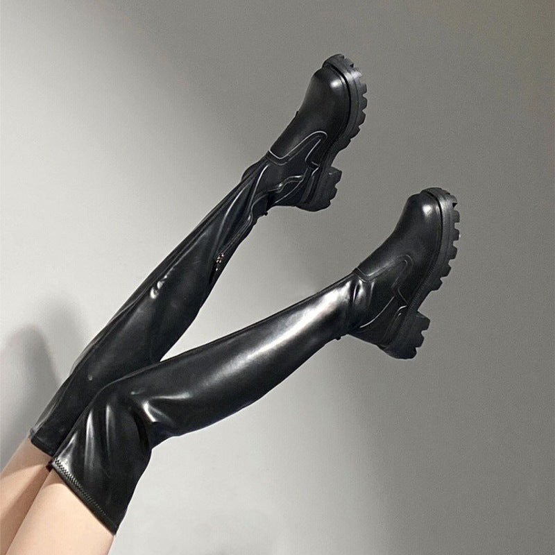 Sugar Series Thick Bottom Long Female Slimming Biker Side Women's Leather Boots