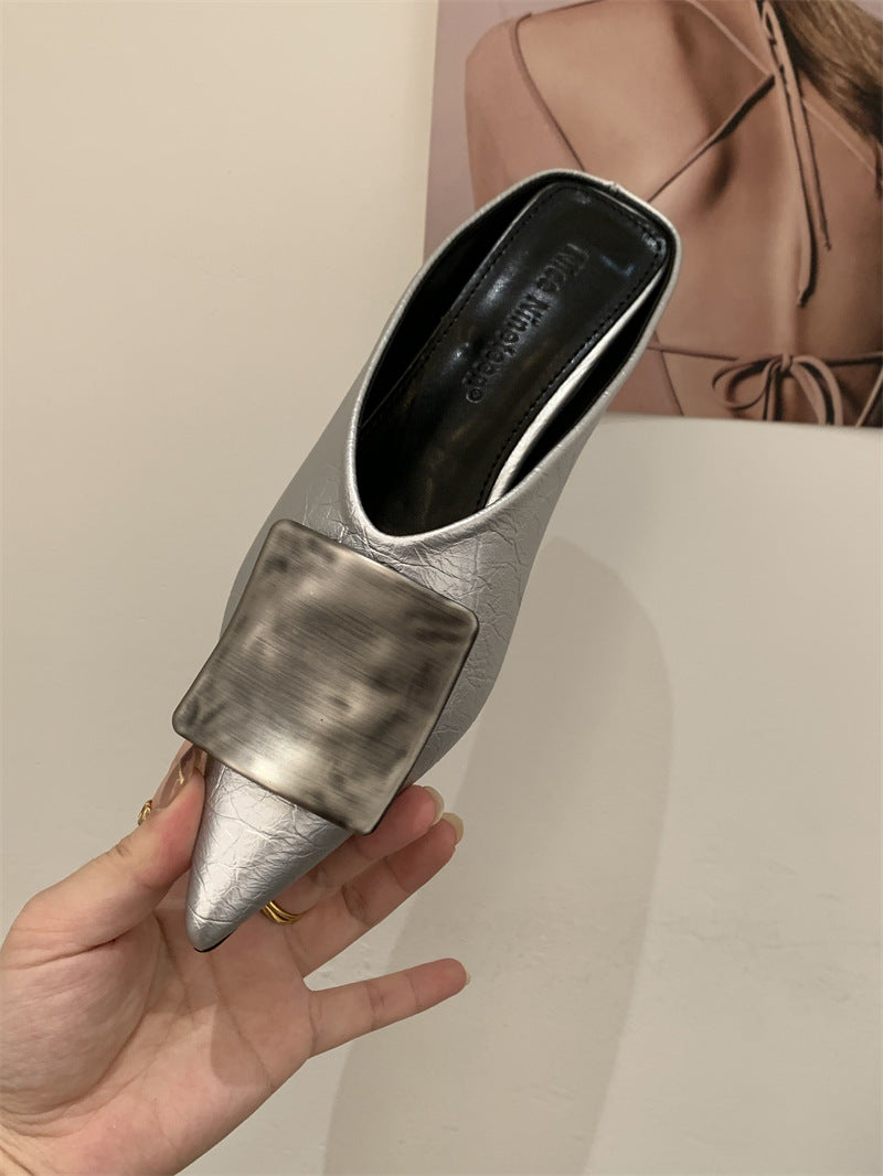 Women's Metal Buckle Closed Toe Half Outer Wear Summer Height Increasing Sandals
