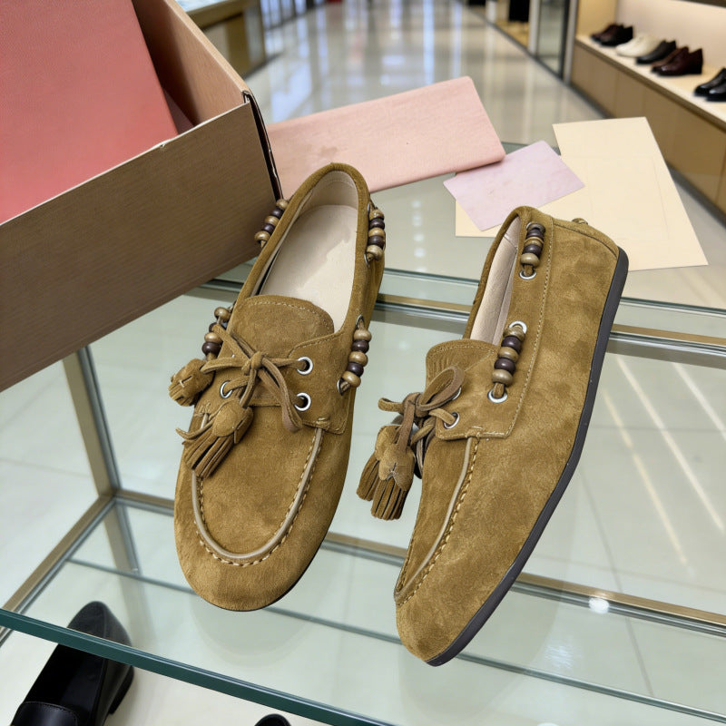 Women's Vintage Genuine Tassel Flat Bottom Slip-on Loafers