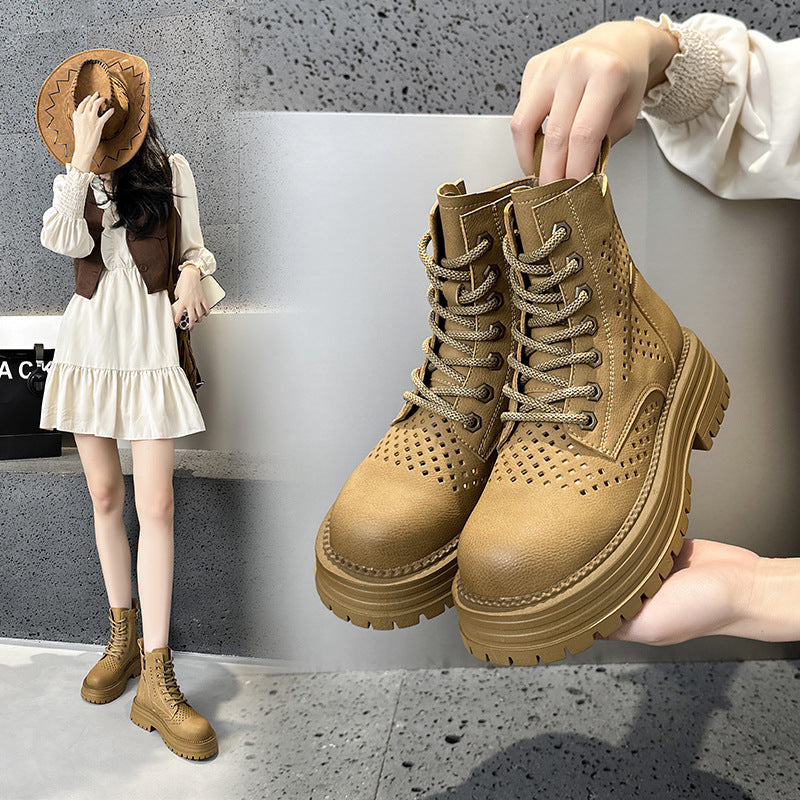 Women's Worker High-cut Hollow Martin Genuine Hole Retro Style Height Increasing Women's Leather Boots