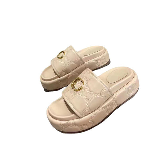 Women's Platform Embroidered Thread Height Increasing Metal Slippers