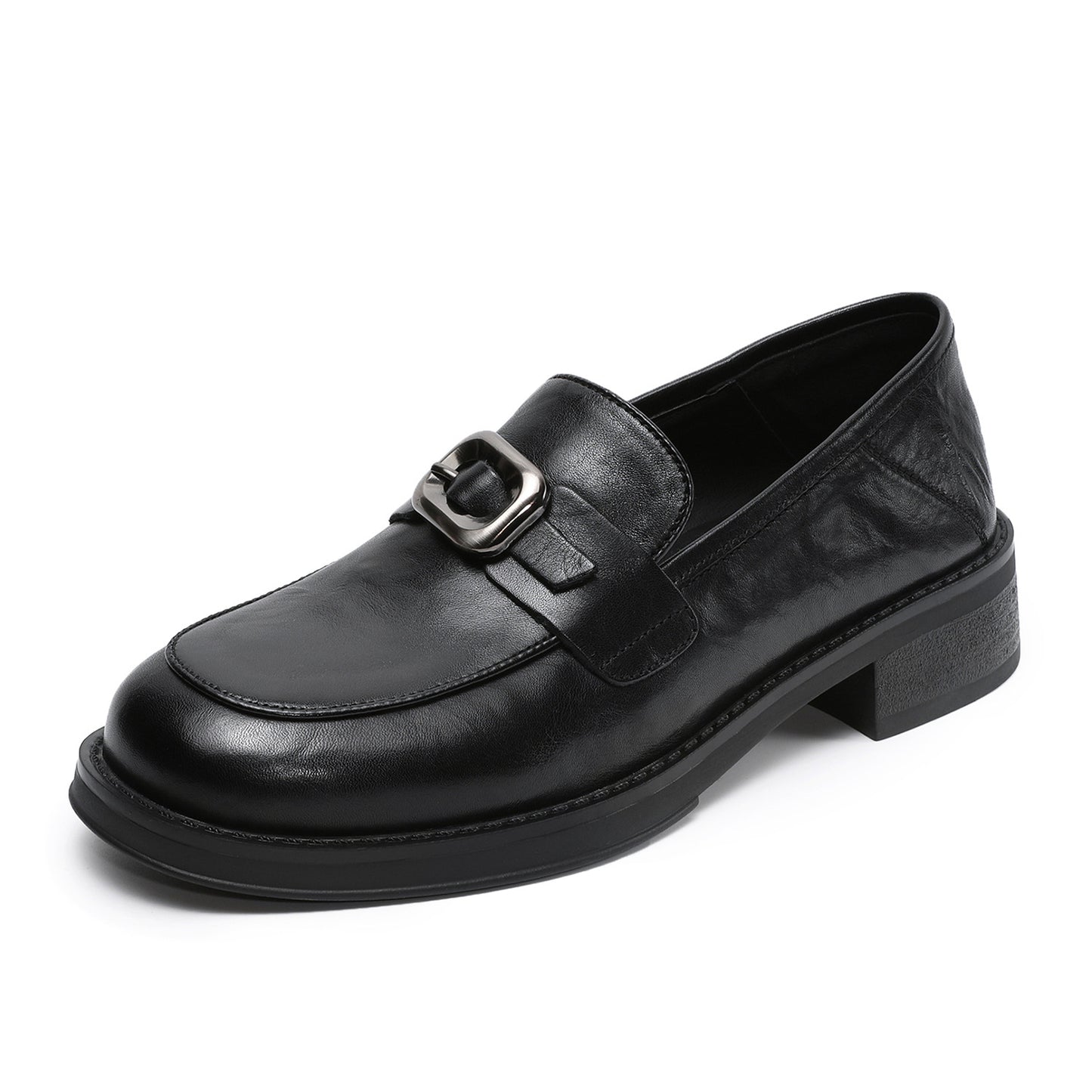 Women's Black Mid Spring Pumps Round Toe Belt Buckle Loafers
