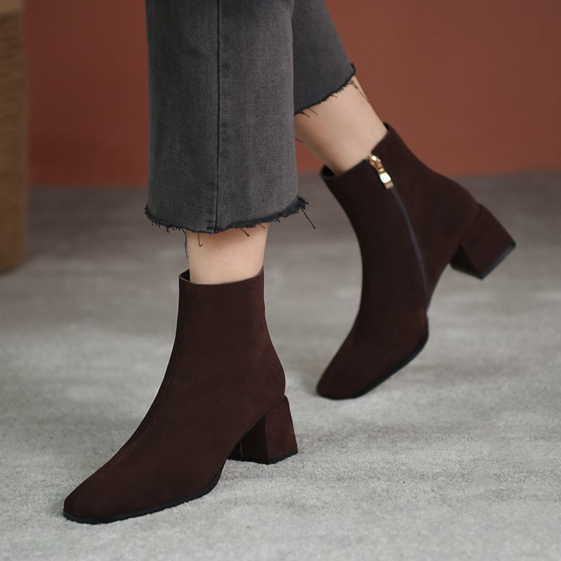 Women's French Style Mid Booties Female Square Heels