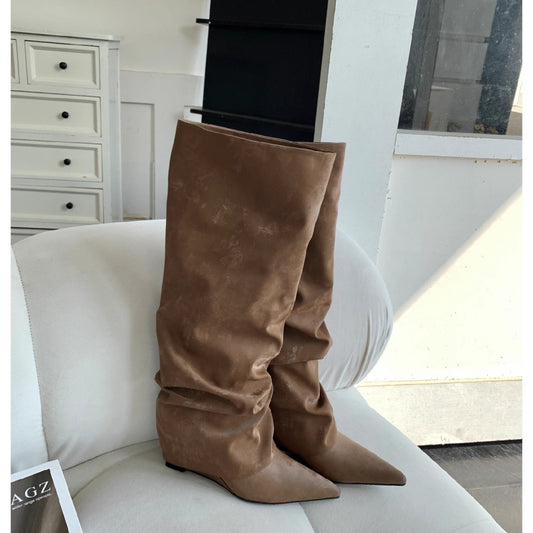 Women's Pleated Pile Style High Tube Slimming Below Women's Leather Boots