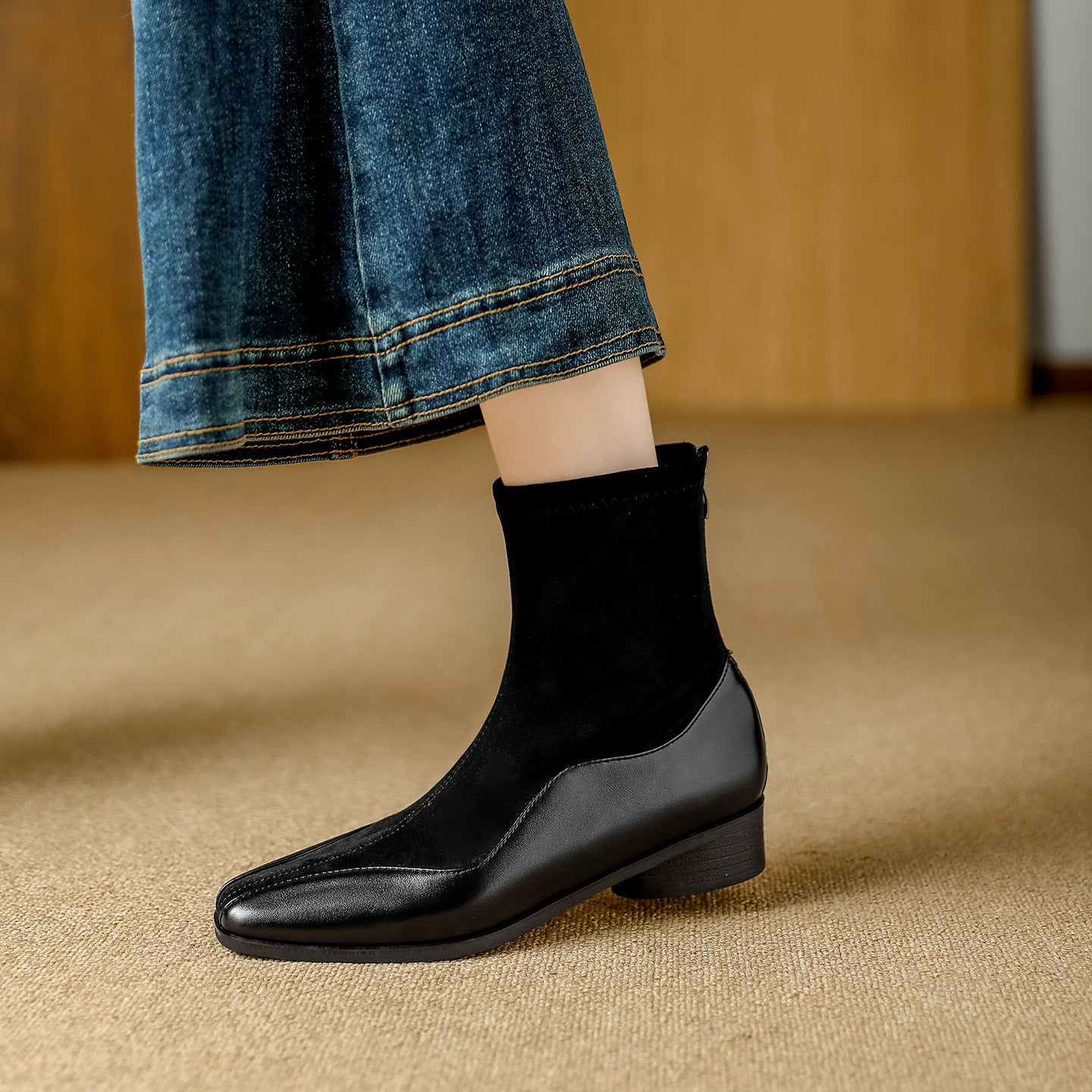 Women's Suede Stitching Chunky Ankle Soft Back Zipper Commute Slimming Boots