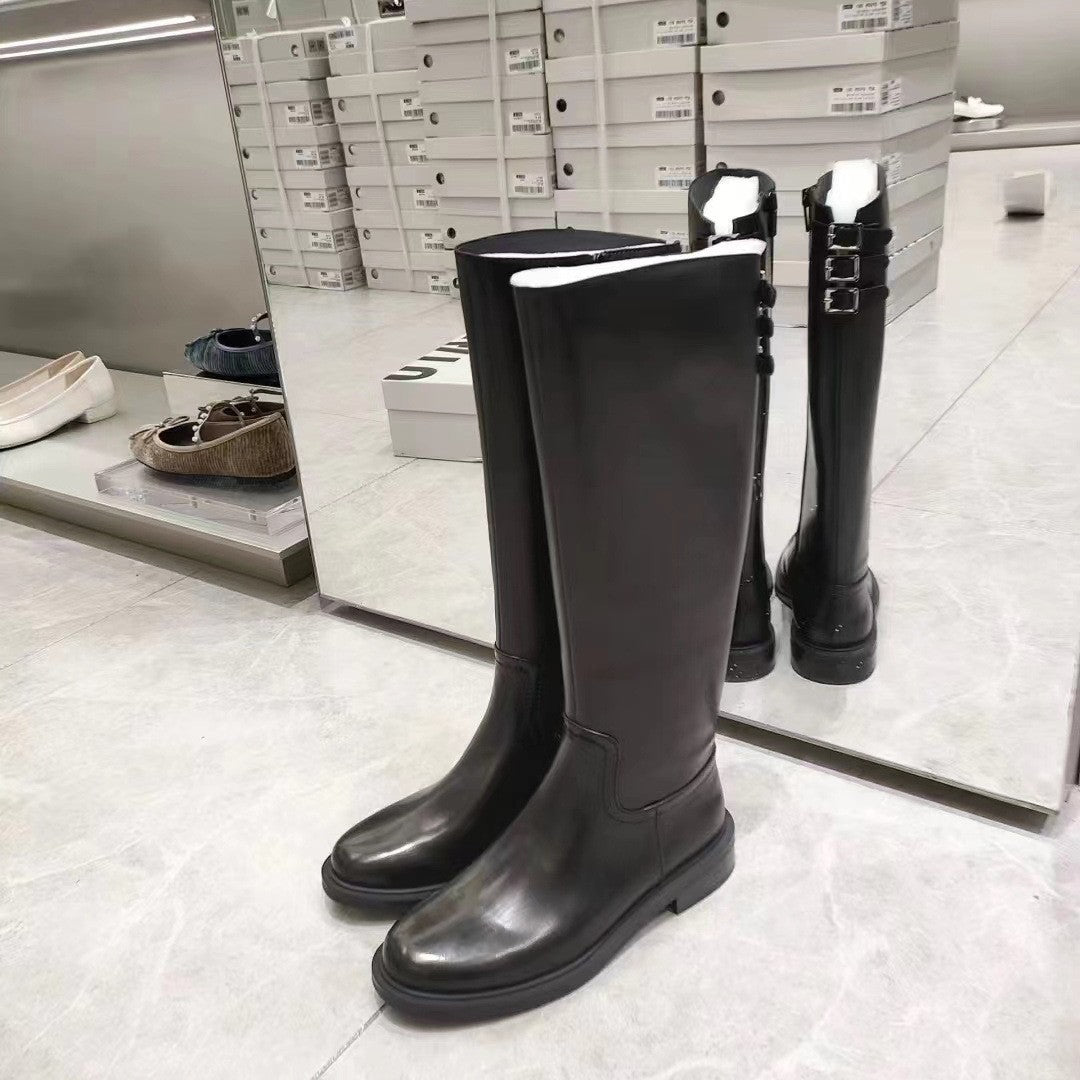 Women's Round Head Chunky High Leg Below The Women's Leather Boots