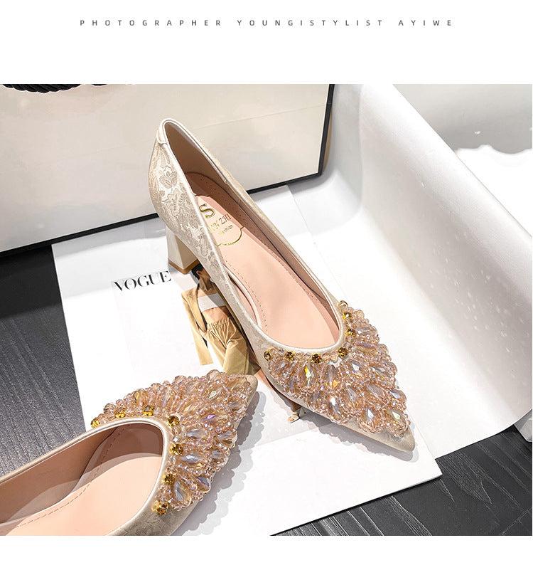 Women's Niche Pointed Toe Rhinestone French High Stiletto Women's Shoes