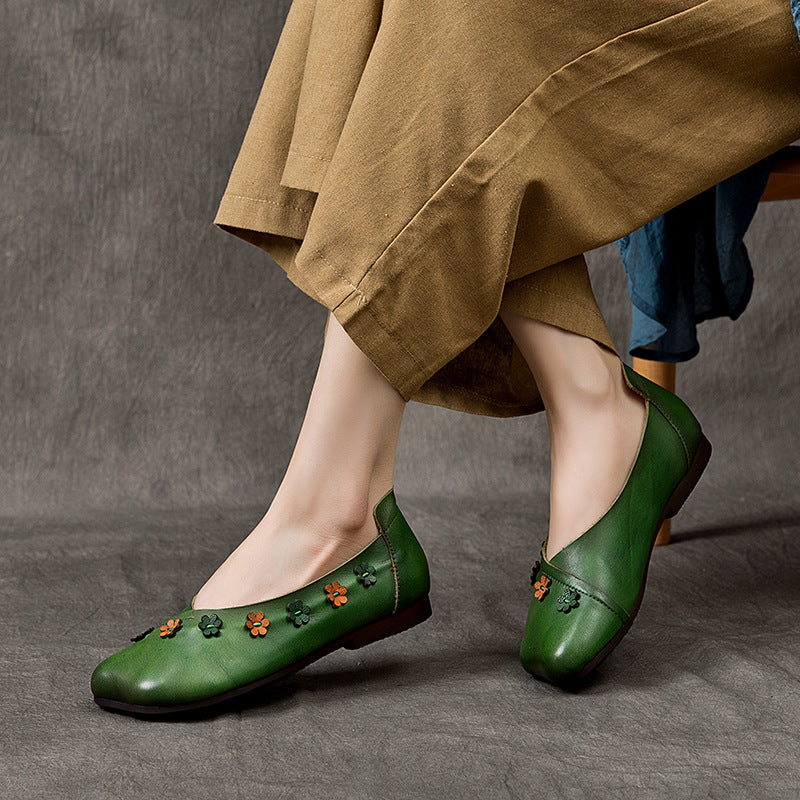 Women's Spring Genuine Flower Cowhide Fairy Style Flat Bottom Leather Shoes