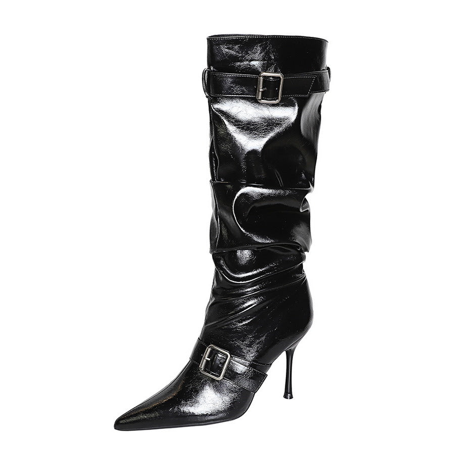 Women's Stiletto Below The Knee Pointed Toe Pleated Belt Buckle Pile Boots