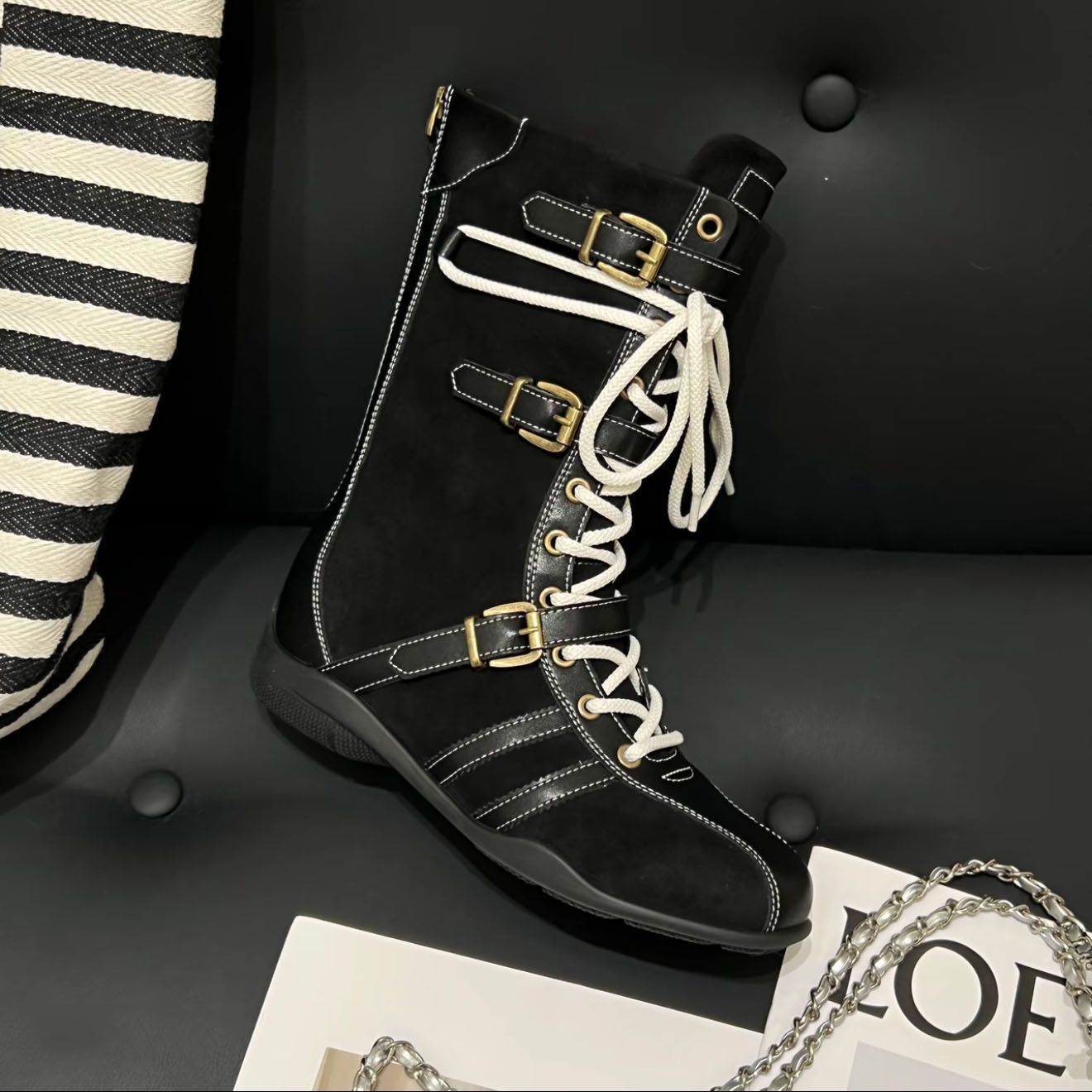 Women's Genuine Version Flat Bottom Increased Boxing Wedge Stitching Belt Buckle Boots