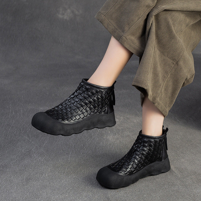 Women's Handmade Weave Vintage Booties Comfortable Platform Women's Leather Boots
