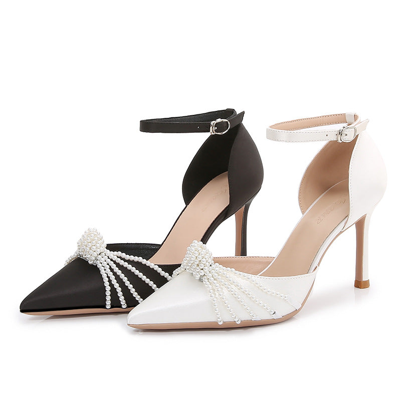 Women's Pearl Pointed Toe Stiletto Buckle Strap High Sexy Satin Pumps Heels