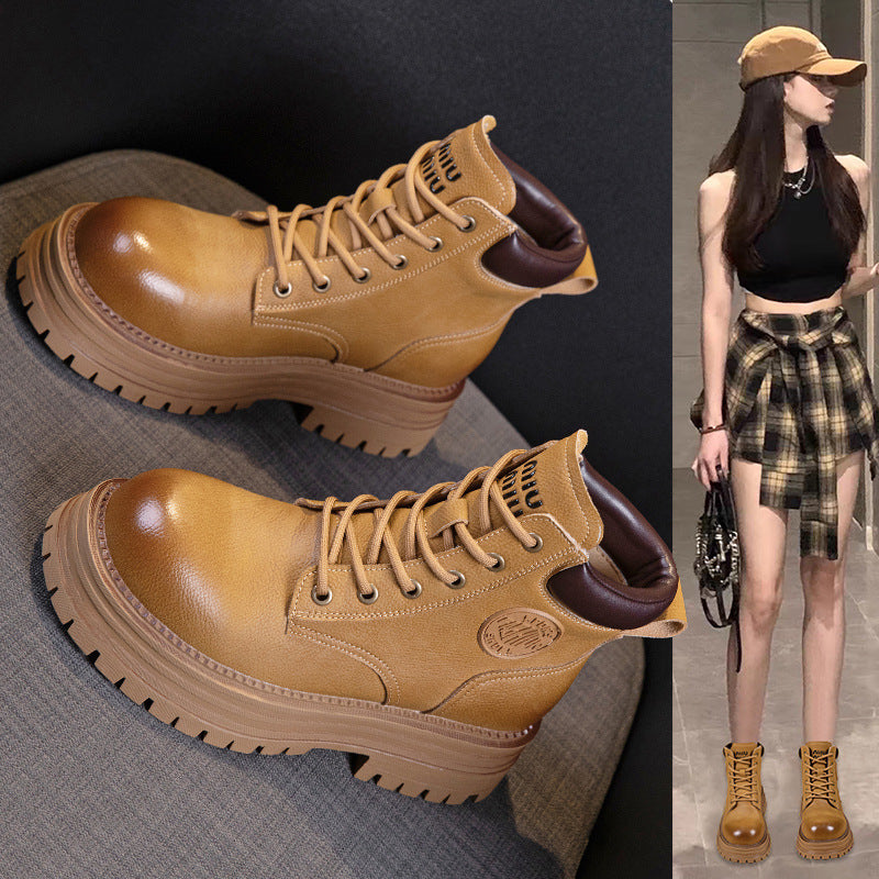 Women's Platform Elevator Wild Worker Retro Short Tube Women's Leather Boots