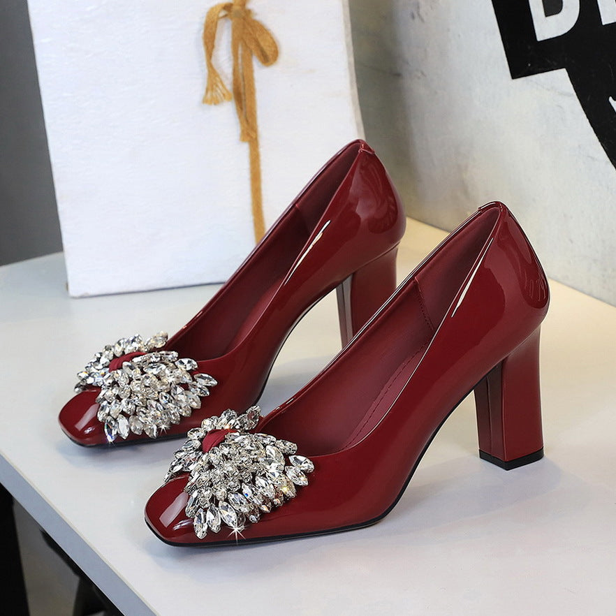 Women's Rhinestone Bow Dress Wedding Patent Elegant Square Toe Women's Fashion Shoes