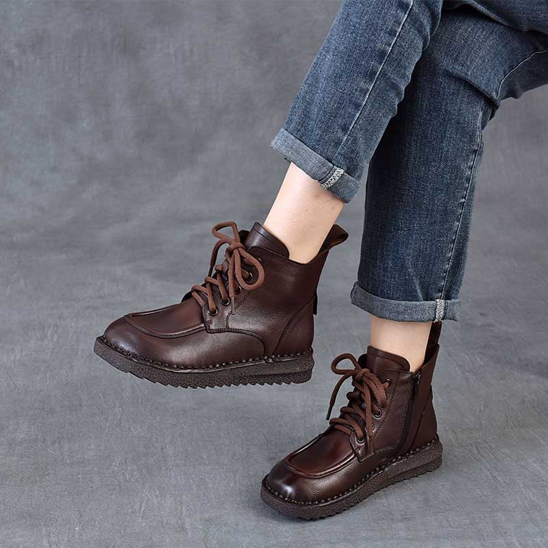 Women's Layer Of Cowhide Soft Bottom Retro Round Toe Flat Women's Leather Boots