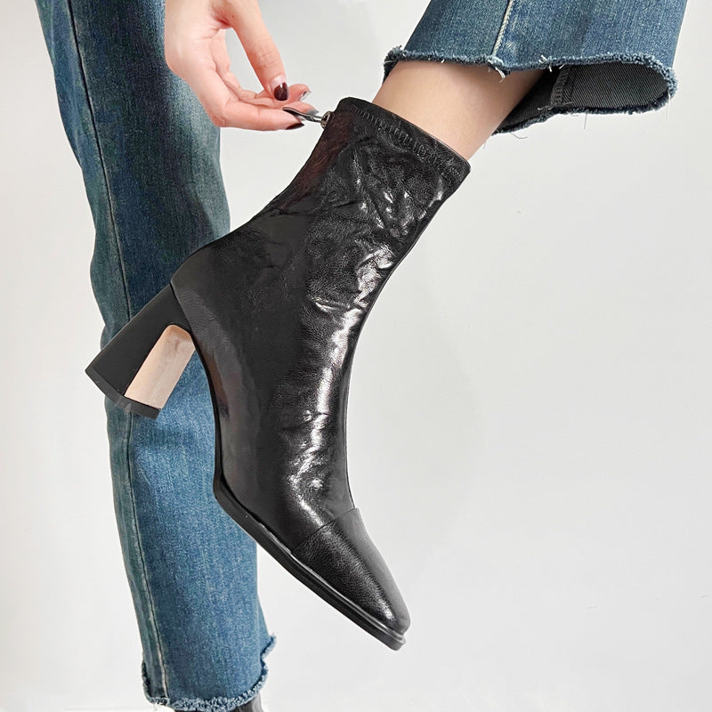 Women's Short With Scratch Pattern Soft Style French Retro Skinny Small Women's Leather Boots