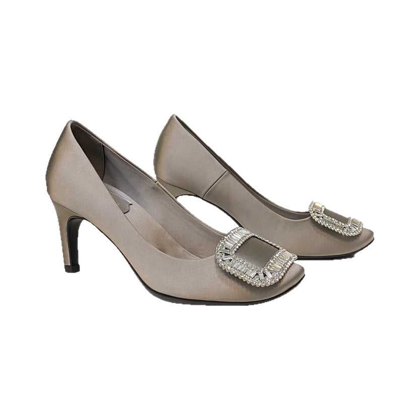 Women's Rhinestone Square Buckle Round Toe Satin Shallow Women's Fashion Shoes