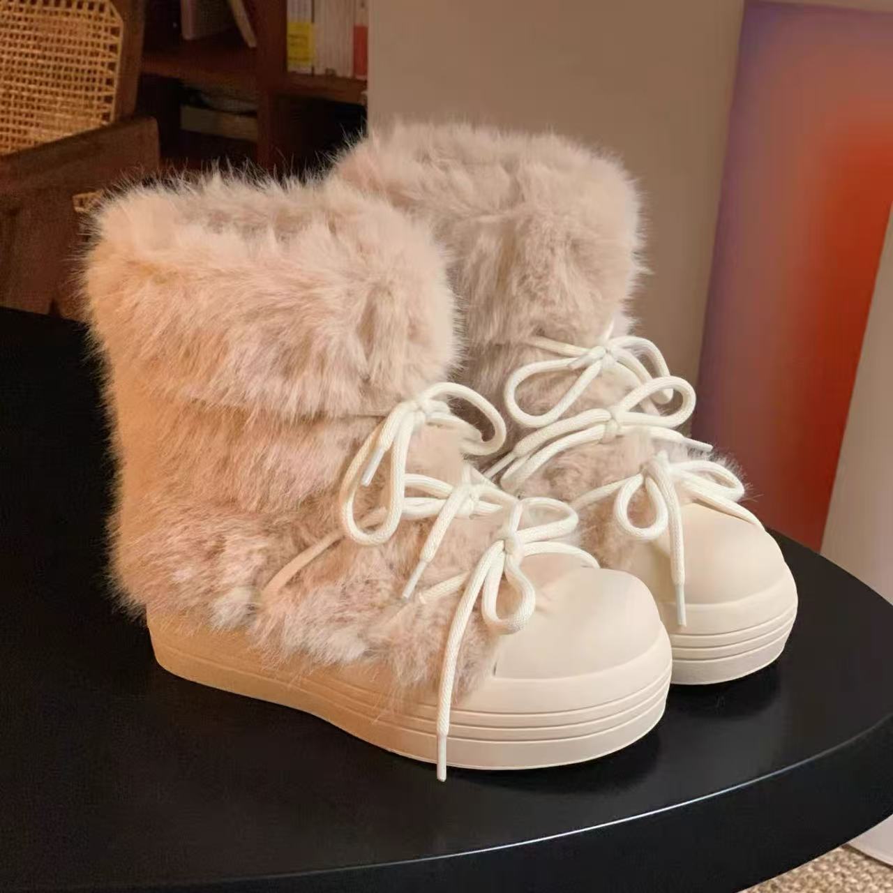 Platinum Plush Warm Long Wool Bow Round Toe Boots