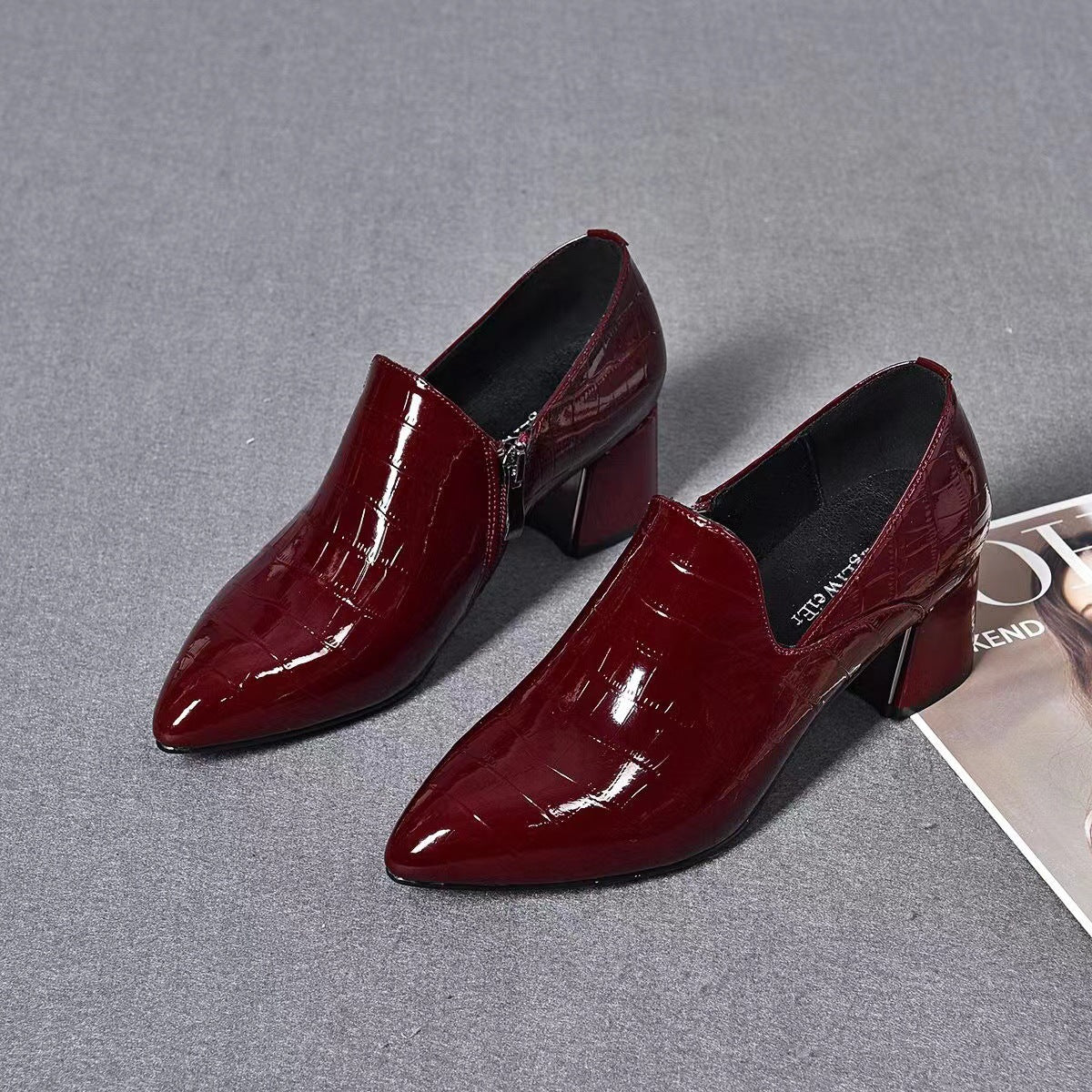 Women's Deep Mouth Pointed Toe Chunky Shiny Women's Fashion Shoes