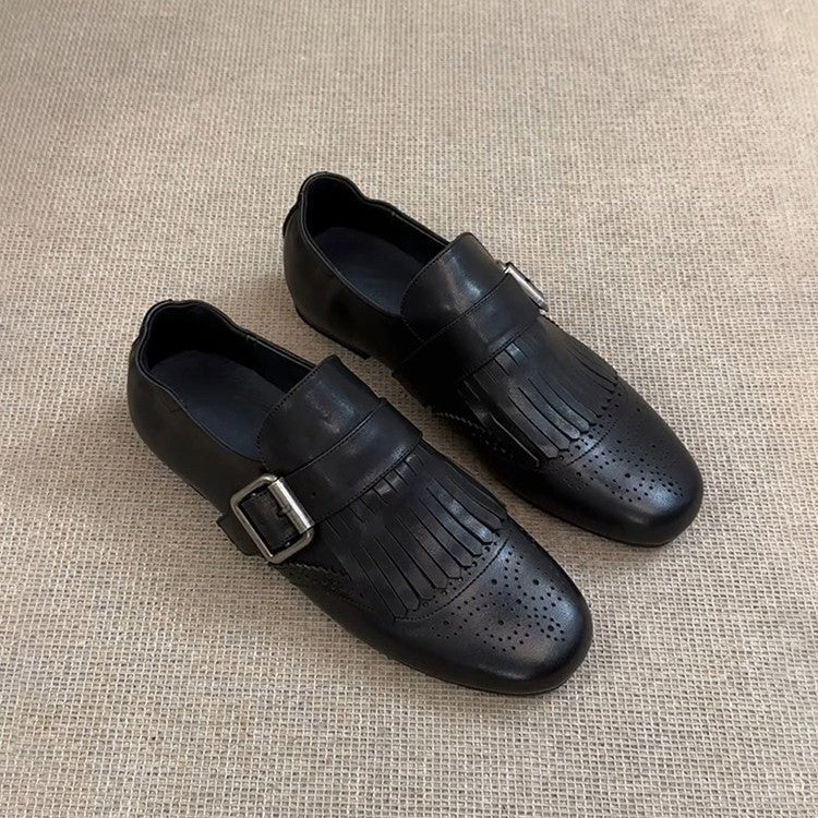 Women's Vintage Brogue Authentic Square Toe Black Belt Buckle Loafers