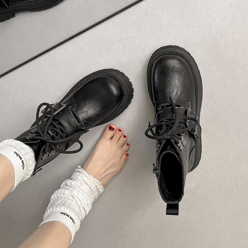 Women's British Style Brushed Thick Bottom Tooling Belt Buckle Women's Leather Boots