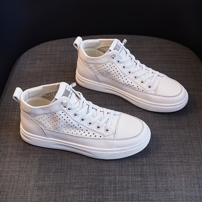 Women's Summer High Top White First Layer Cowhide Breathable Flat Leisure Heels