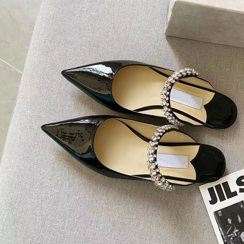 Women's High Version Rhinestone Patent Pointed Toe Pumps Mules Flat Slippers