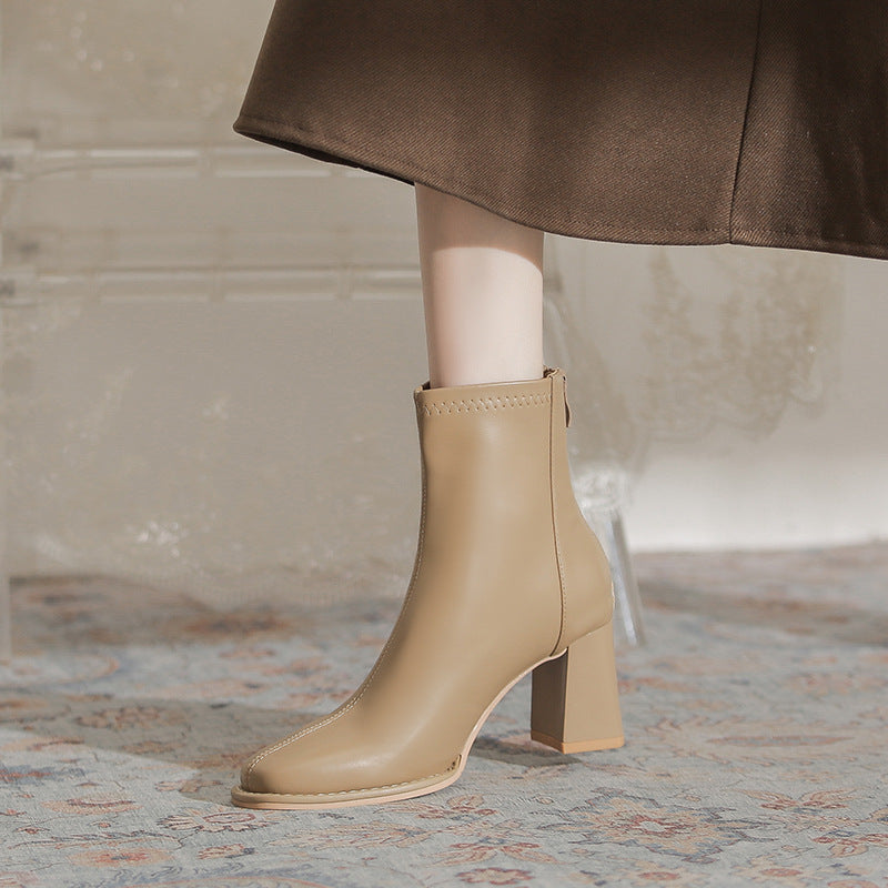 Women's Chunky Martin Simple Square Toe High Slimming Women's Leather Boots