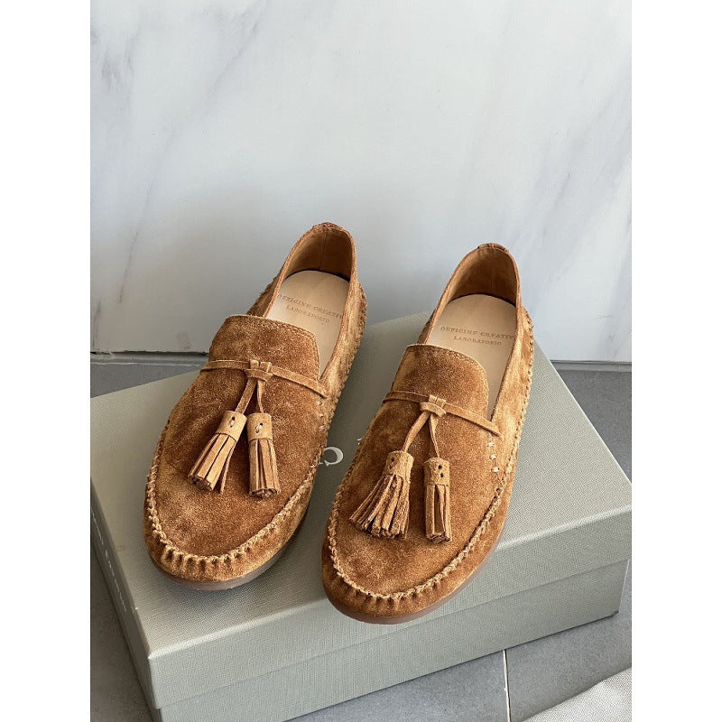 Women's Covered Ancient Tassel Genuine Suede Round Toe Soft Loafers/doug Shoes