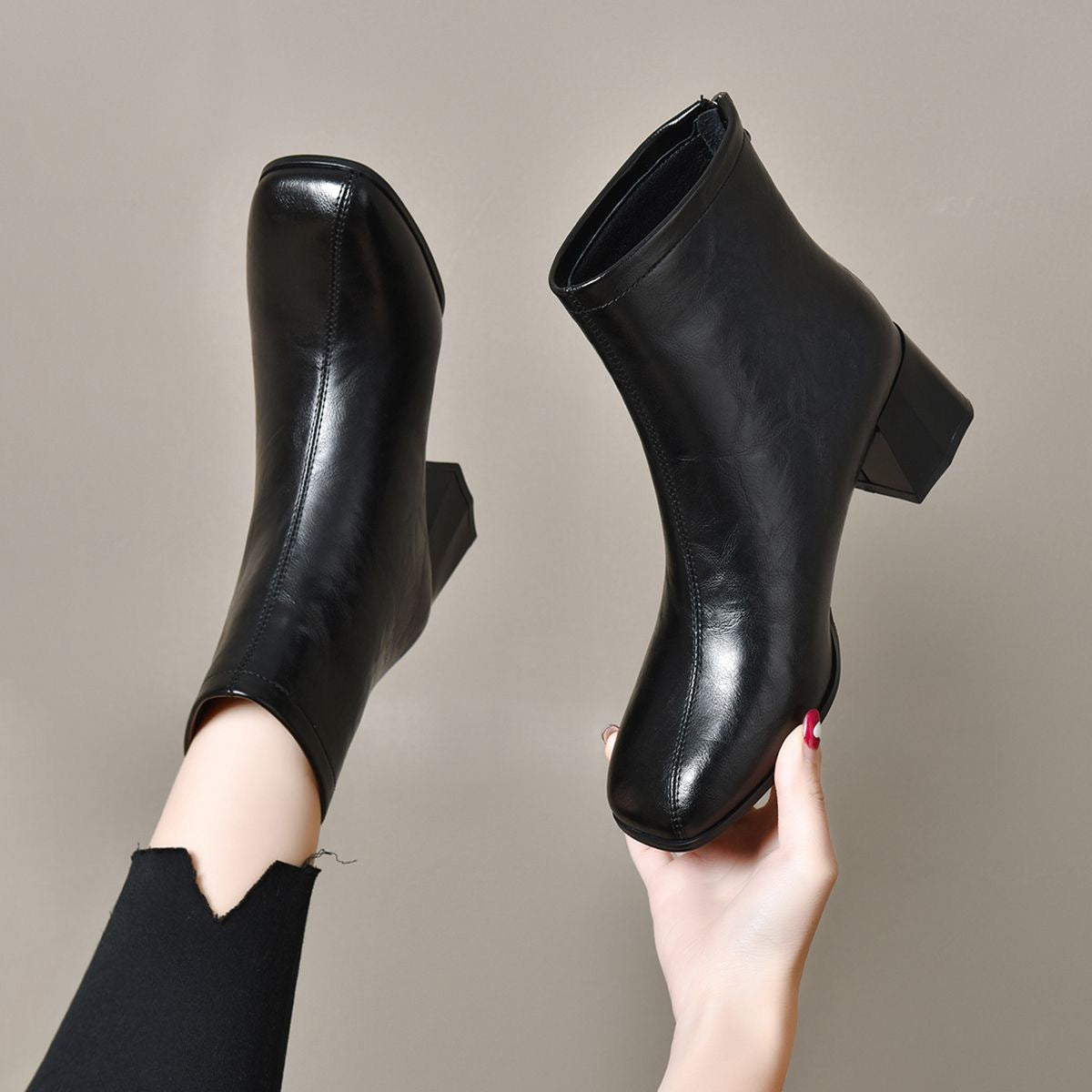 Women's Clutch Pattern Cowhide Mid Thick Middle Winter Soft Heels