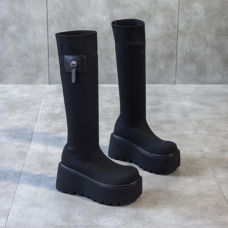 Women's Retro Knitted Stretch Length Sock Booties Thick Bottom Increased High Women's Leather Boots