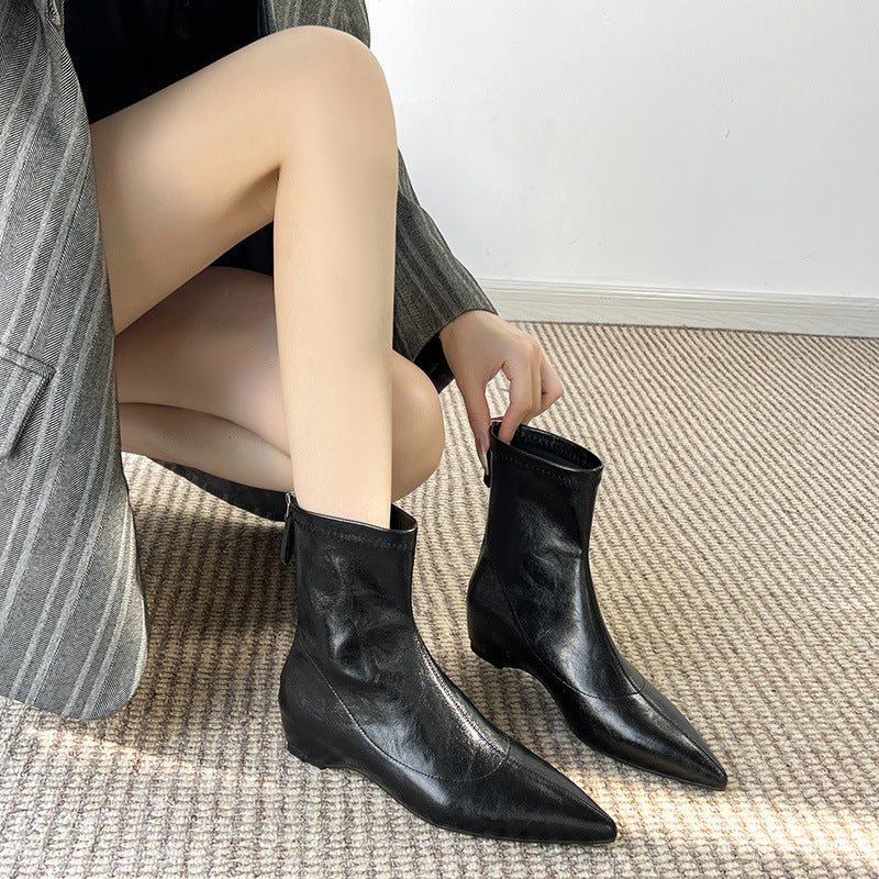 Pointed Toe Flat Ankle Female Brown Back Zipper Low Elastic Women's Leather Boots