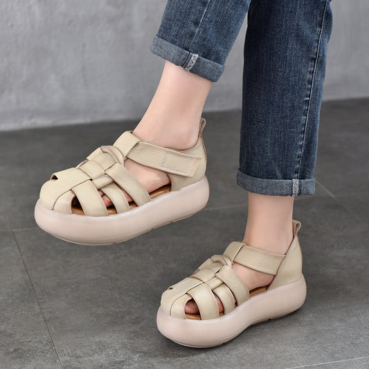 Women's Lightweight Genuine Closed Toe Summer Cowhide Roman Platform Sandals