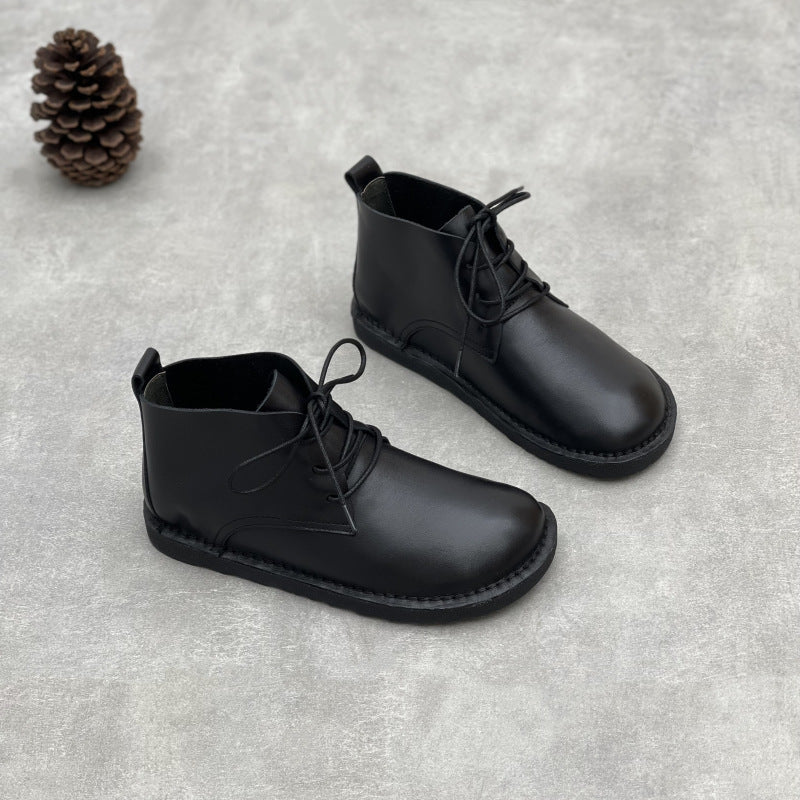 Women's Short Round Head Flat Mori First Women's Leather Boots