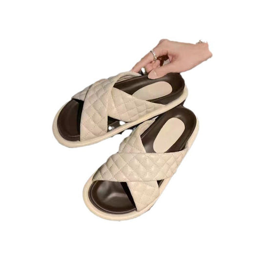 Women's Puff Soft Glutinous Rhombus Cross With Color Matching Slippers