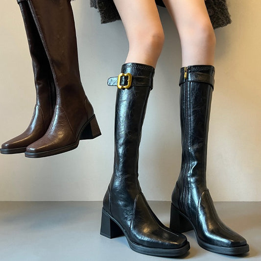 Women's High Long Belt Buckle Square Toe Leggings Skinny Women's Leather Boots